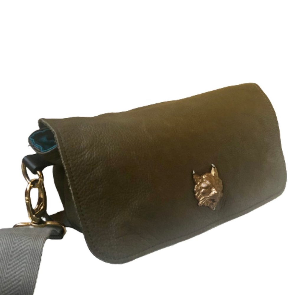 Sous les Pavés Paris SLP Green Lambskin Handbag Crossbody Web Strap Bronze Cat - Picture 14 of 15